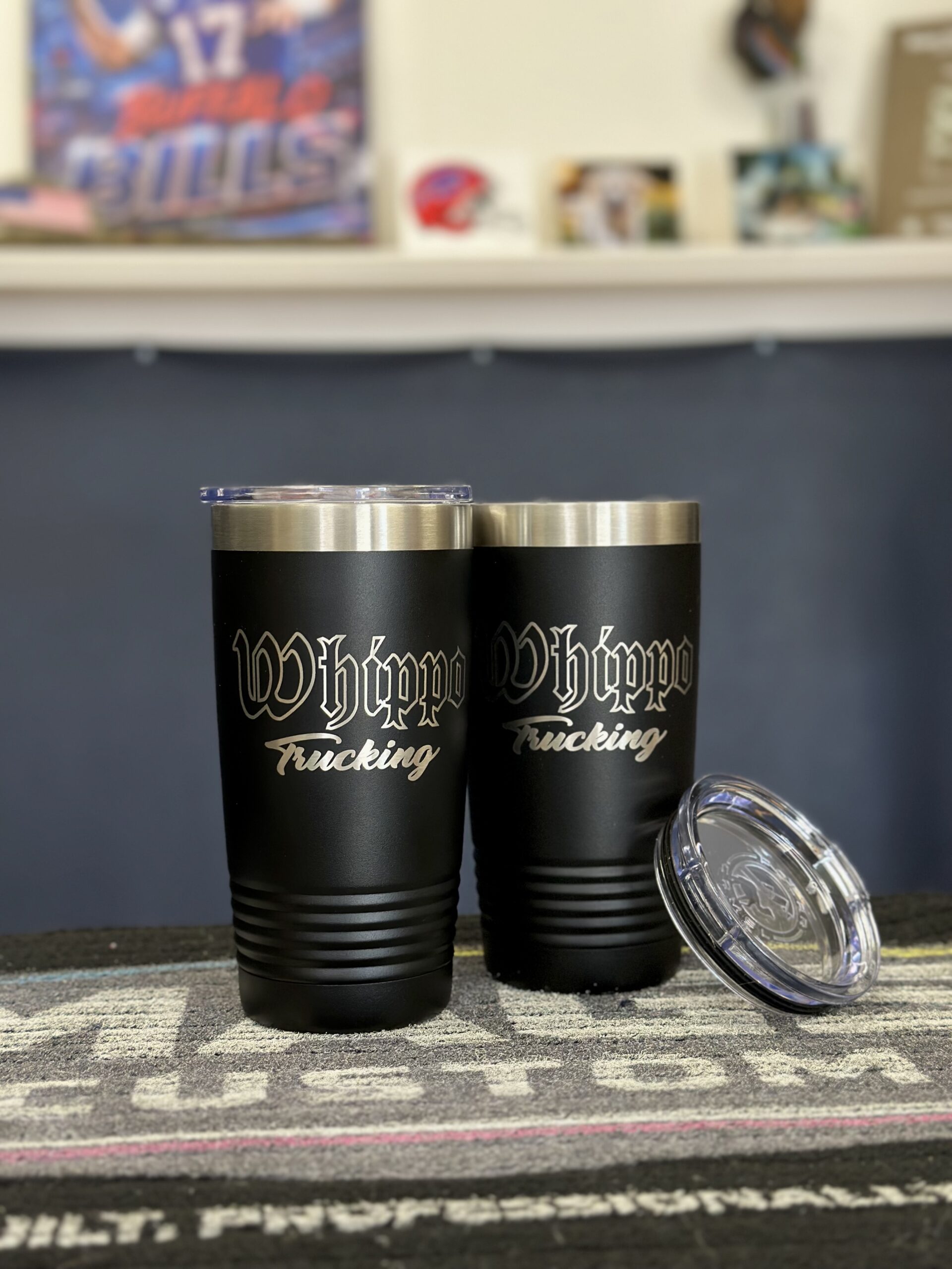 Two black 20-ounce Polar Camel tumblers laser engraved for Whippo Trucking