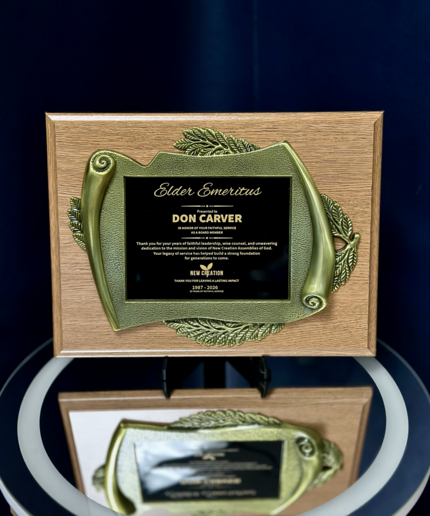 Retirement plaque Jamestown NY for New Creation Church elder