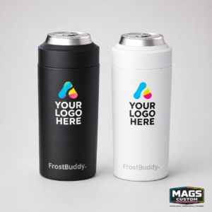 Black and white custom logo FrostBuddy Universal 2.0 can coolers with full-color UV printing