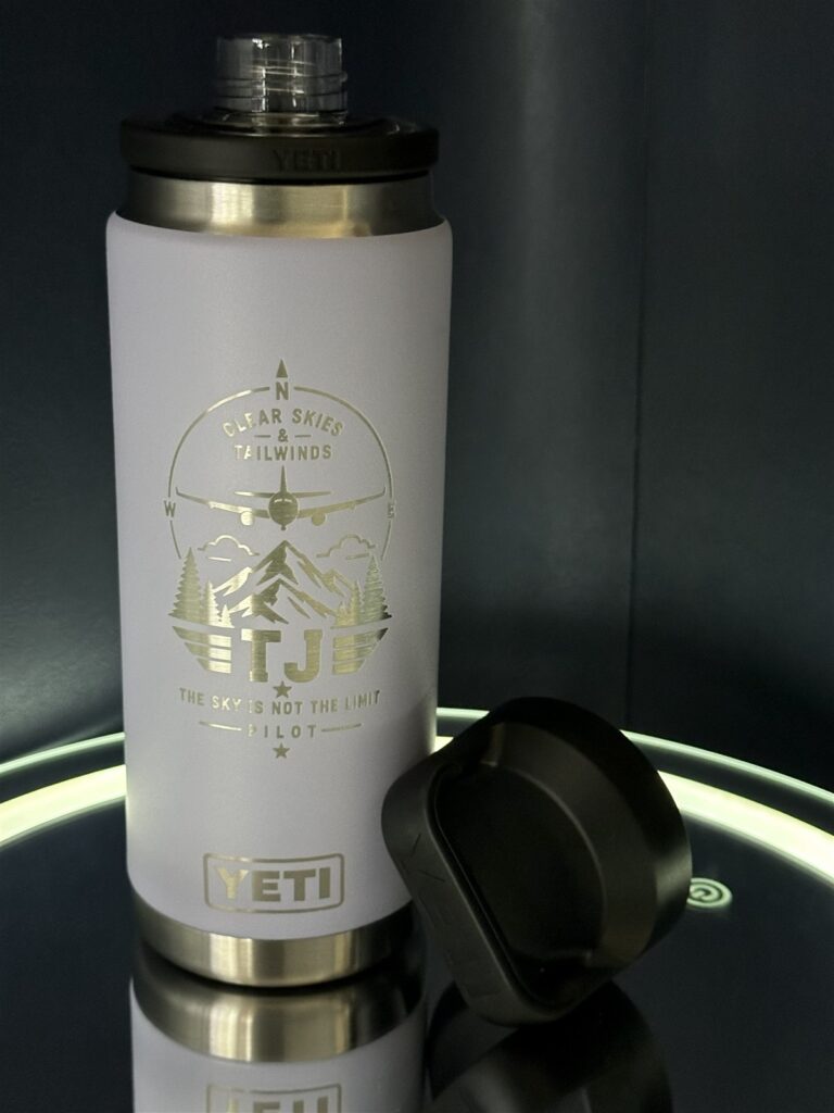 Laser engraved YETI water bottle with personalized pilot design