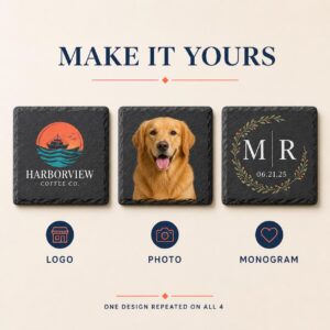 Custom slate coasters with a logo, photo, or monogram — full-color personalized set of four