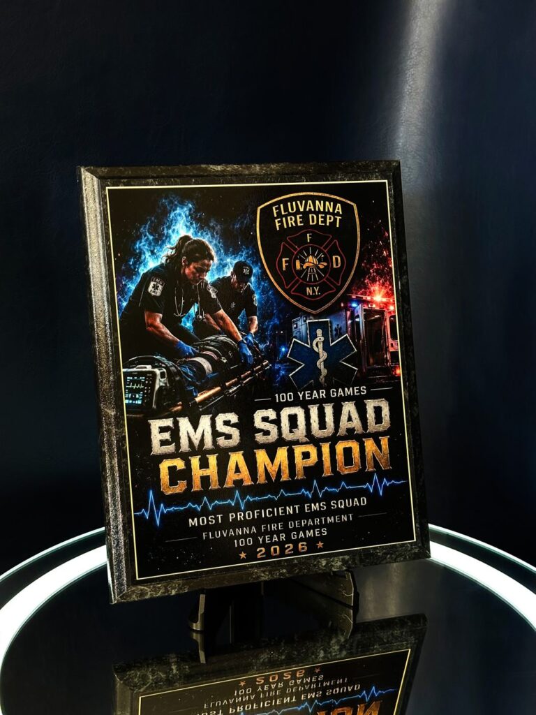 Fluvanna Fire Dept EMS Squad Champion award, full-color UV printed plaque by Mags Custom Frewsburg NY