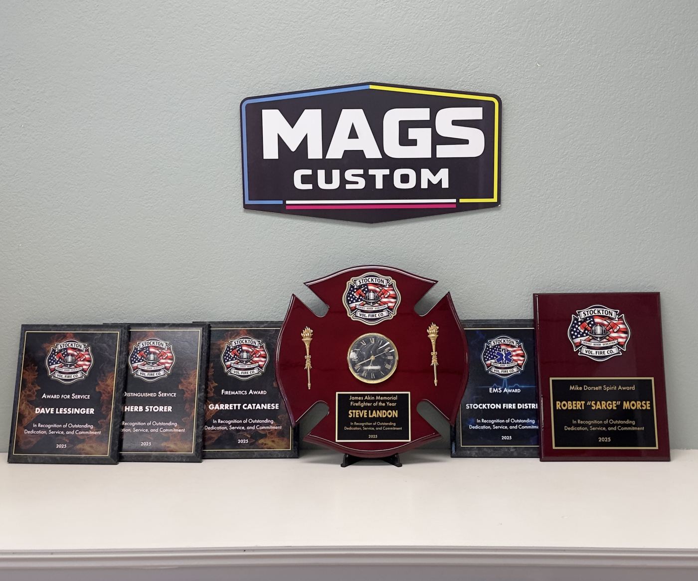 Custom fire department award plaques produced by Mags Custom, Frewsburg NY, Stockton Fire Company recognition awards