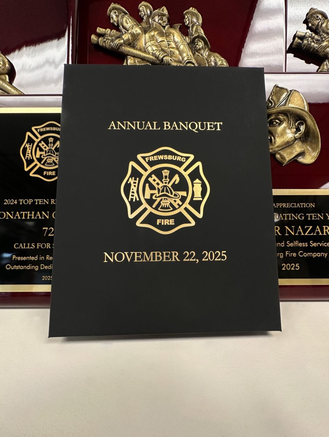 Frewsburg Fire Company Annual Banquet program folder, full-color UV printed with gold emblem by Mags Custom
