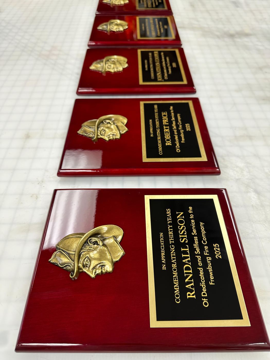 Traditional rosewood service plaques for Frewsburg Fire Company, laser engraved brass plates by Mags Custom
