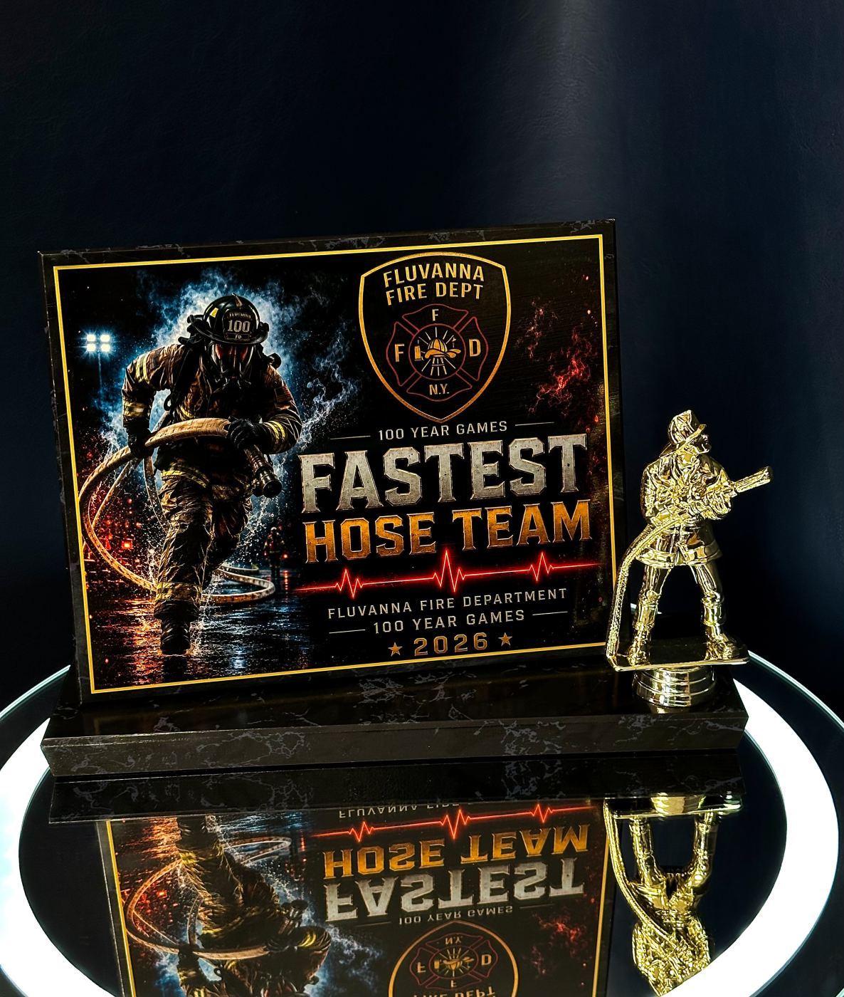 UV-printed Fastest Hose Team award plaque for Fluvanna Fire Department 100 Year Games 2026