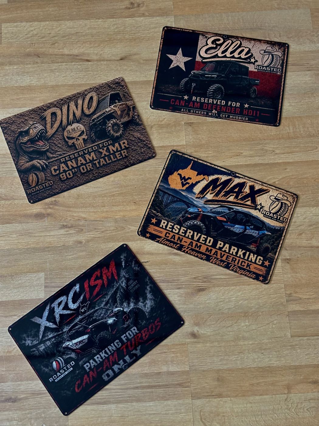 All four custom Roasted Beans Tires machine signs by Mags Custom