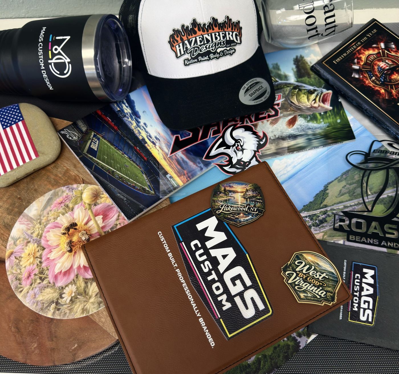 Custom branded merchandise spread — business branding by Mags Custom, Frewsburg NY