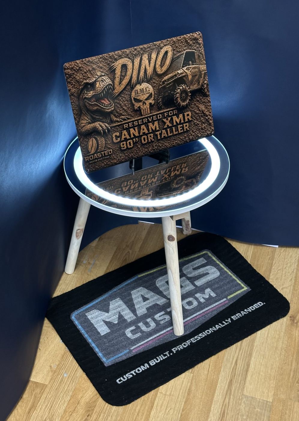 Custom UV-printed parking signs produced in-house by Mags Custom, Frewsburg NY